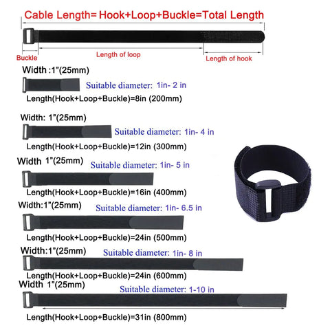 Diagram showing No Fuss Hook And Loop Cable Straps 10 Pack 1 Inch By 12 Inch Black Nylon Self Adhesive Cinch Ties sizes and styles