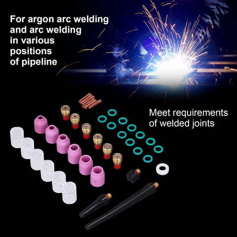Heavy Duty Badass TIG Welding Torch Accessory Kit With Ceramic Gas Lens Nozzles Collet Set And Glass Cover For Wp 9 20 25 Torches parts laid out for welding