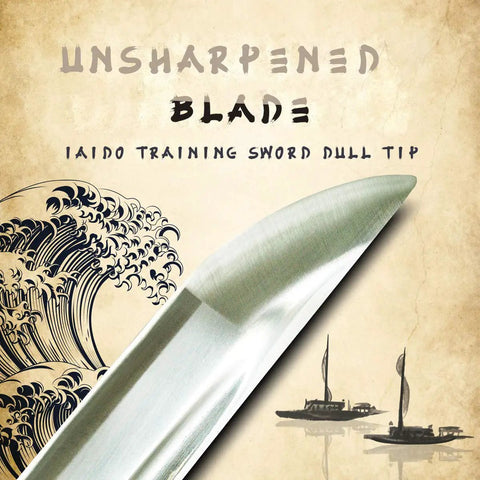 Close-up of unsharpened blade tip of stainless steel wakizashi iaito for iaido training, with wave artwork in background.