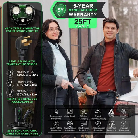 Portable Level 1 And 2 Ev Charger 40 Amp With Nacs Connector For Tesla, 25Ft cable, NEMA plugs, smart features displayed.