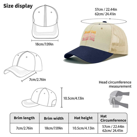 Breathable Athletic Trucker Cap For Men With Adjustable Buckle A Cool Modern Baseball Hat size chart and dimensions display