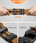 Mens Ratchet Belt Leather Adjustable Slide Belt For Dress Casual Wear 1.38 Inch Width With 32 Notches And Quarter Inch Micro Adjustments Cut To Fit Buckle From 32 To 38 Inch Waist Great Gift showing buckle details and grip
