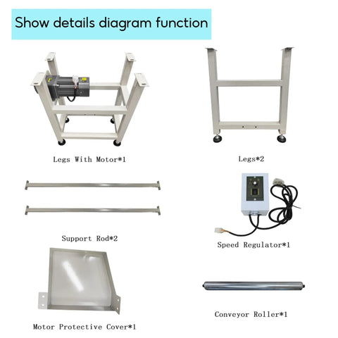 Show details of Super Tough Electric Pvc Flat Conveyor Belt System parts including legs, motor, support rods, speed regulator, and roller.