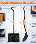 Diagram of heavy duty snow shovel with ergonomic handle showing 18 inch blade, 58 inch handle, labeled features for easy snow removal.