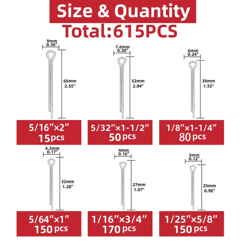Heavy Duty Zinc Plated Hairpin Cotter Pin Kit 615 Piece Must Have Assortment With Six Sizes Includes Split Pins And Hitch Clips