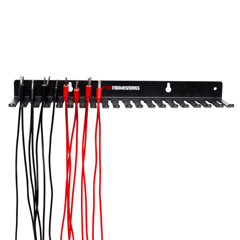 Wall Mount Cable Organizer With 19 Slots For 5 To 9 Mm Cables That Keeps Audio And Computer Cables Neat And Organized Prevents Coiling And Kinks Easy Mounting Durable Hanger Rack For Home Office And Studio Setup mounted with black and red cables