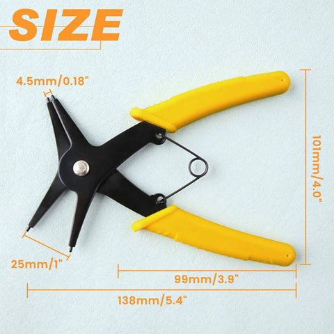 2 In 1 Snap Ring Pliers For Internal And External Circlips, Adjustable 10 To 40mm, with yellow ergonomic grips, size shown