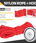 Front view of fishing magnet kit with red nylon rope, carabiner, 2.36-inch neodymium magnet.