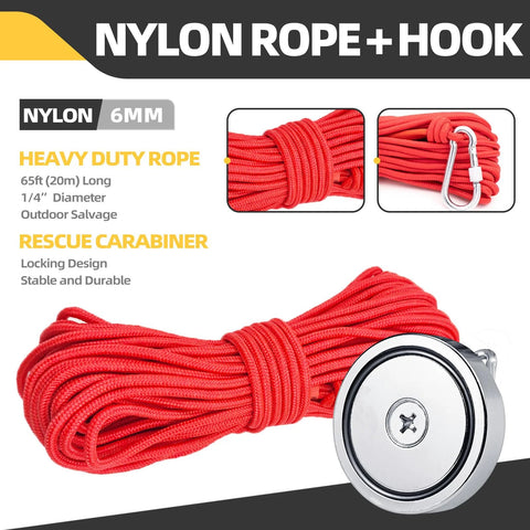 Front view of fishing magnet kit with red nylon rope, carabiner, 2.36-inch neodymium magnet.
