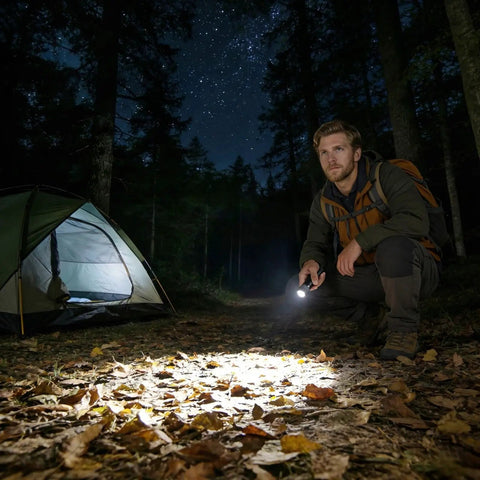 Man using Compact LED Mini Flashlight With Tiny But Mighty Brightness in forest campsite at night, lighting path, tent nearby