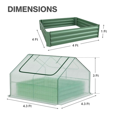 Four By Four By One Foot Galvanized Raised Garden Bed With Mini Greenhouse Kit And Dual Roll Up Zipper Doors dimensions