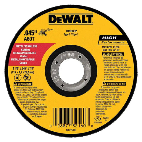 Front view of a Dewalt metal cut off wheel labeled for metal and stainless cutting, dimensions 4-1/2 in x .045 in x 7/8 in.
