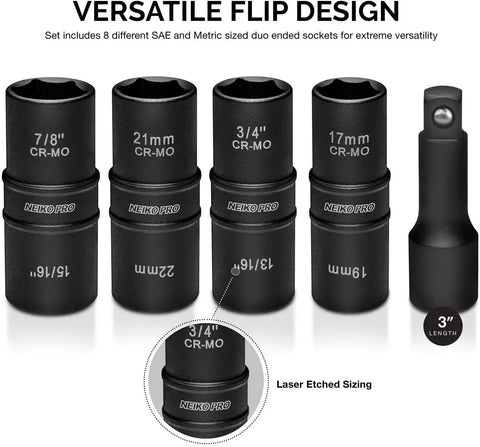 1/2 Inch Drive Flip Impact Socket Set With 3 Inch Extension Chrome Moly Steel Deep SAE And Metric Sizes 8 Sockets Included In 5-Piece