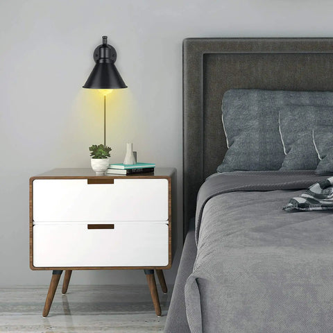 2 In 1 Plug In Or Hardwired Swing Arm Wall Light Sconce In Industrial Black Finish with Adjustable Arm above nightstand