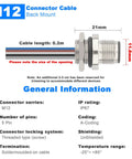Diagram showing dimensions and specs of 2 Pack M12 A Coded 5 Pin Male Aviation Panel Mount Connector Cable, including IP67 rating.