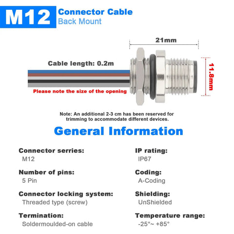 Diagram showing dimensions and specs of 2 Pack M12 A Coded 5 Pin Male Aviation Panel Mount Connector Cable, including IP67 rating.