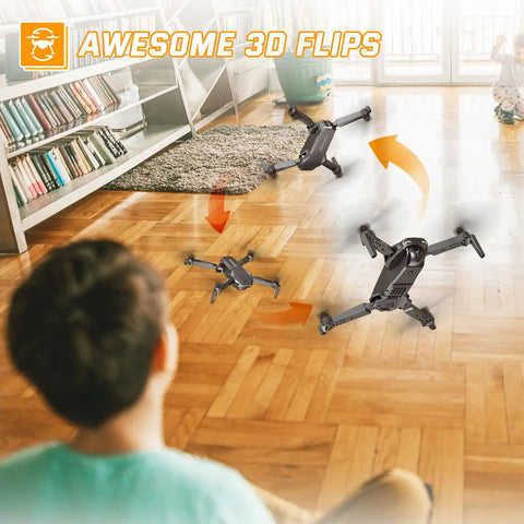 Child watching foldable kids drone with 1080P HD camera performing 3D flips indoors, highlighting easy beginner use.