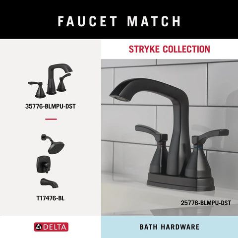 Delta Stryke Collection matte black bath hardware with faucet and shower head designs