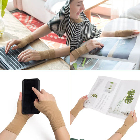 Person using Thumb Arthritis Compression Gloves With Soft Gel Pads, 2 Pairs, Lightweight Wrist Support for comfort during daily tasks.