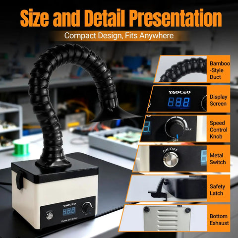 Desktop Solder Fume Extractor With 3 Stage HEPA Carbon Filtration Adjustable Speed Beefy 71 CFM Suction close-up features