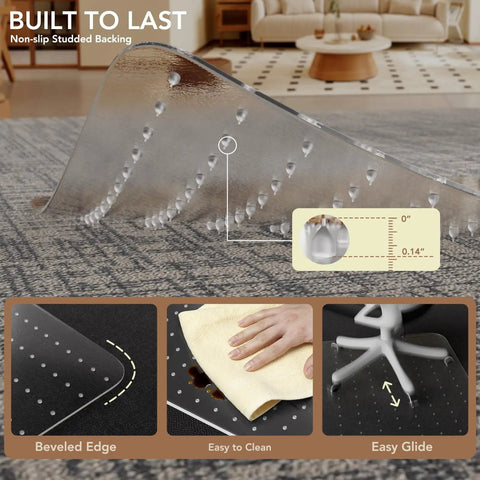 Low Pile Carpet Office Chair Mat With Lip 45 Inch By 53 Inch Clear Plastic Floor Protector with non-slip studded backing.