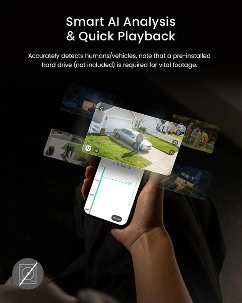 User holding smartphone displaying AI Powered Home Security System With Human And Vehicle Detection 8 Channel DVR footage.