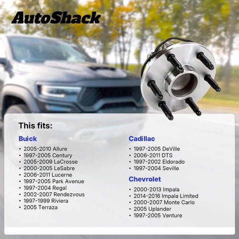 Front Or Rear Wheel Hub Bearing Assembly Left Or Right With ABS Replacement For 2000 2013 Chevrolet Impala 2006 2011 Buick Lucerne 2006 2011 Cadillac DTS 2005 2009 Buick Lacrosse 1 Piece shown with compatible vehicles list.