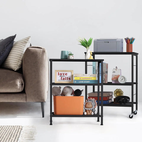Real Deal Three Tier Rolling Cart With Smooth Ride Wheels For Kitchen Microwave Storage And Flexible Home Organization in living room with items.