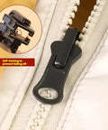 Close-up of Three Size Zipper Repair Kit with Double Sided Sliders installed on a jacket, featuring self-locking mechanism.