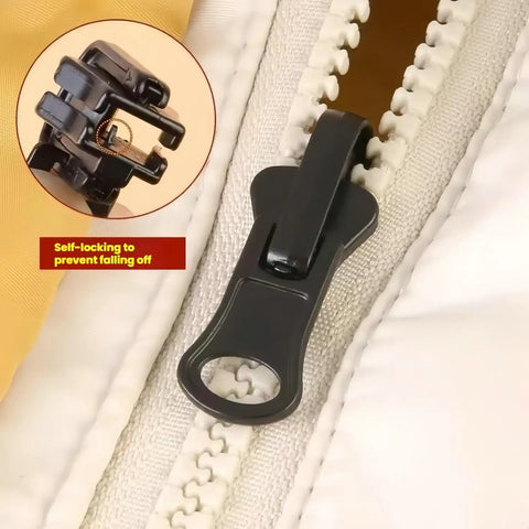 Close-up of Three Size Zipper Repair Kit with Double Sided Sliders installed on a jacket, featuring self-locking mechanism.
