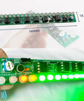 Large 4017 LED Light Soldering Practice Kit with sequential LEDs and PCB board showing dimensions and sound sync feature.