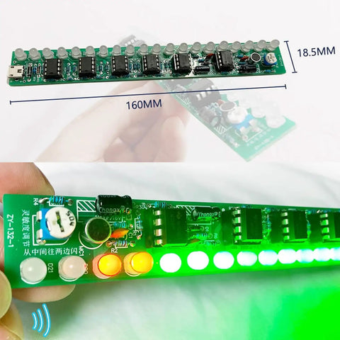 Large 4017 LED Light Soldering Practice Kit with sequential LEDs and PCB board showing dimensions and sound sync feature.