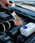 Heavy Duty 200 Cc Automotive Fluid Extractor Pump With Hose in use, extracting fluid from a vehicle engine compartment.