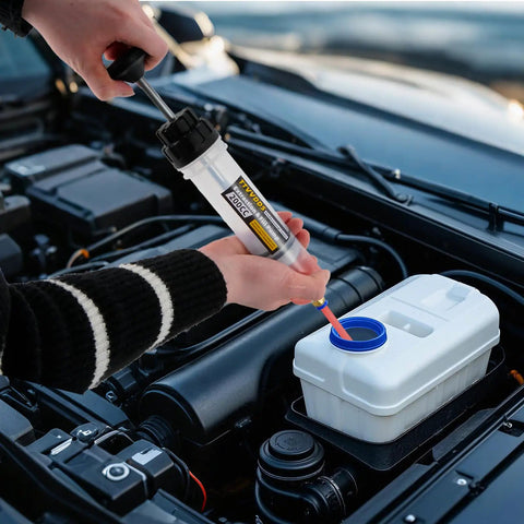 Heavy Duty 200 Cc Automotive Fluid Extractor Pump With Hose in use, extracting fluid from a vehicle engine compartment.