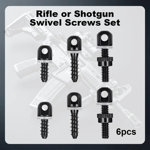 Badass Sling Swivel Studs Kit Featuring Six Heavy Duty Wood Bolt Mounts And Rifle Shotgun Tapping Screws For Dead Sure Grip On Your Favorite Firearm And Handgun, close-up of six swivel screws.