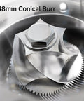 Close-up of 48mm conical burr in the Badass Hella Precise Electric Burr Coffee Grinder With Robust Aluminum Body.