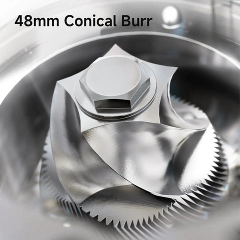 Close-up of 48mm conical burr in the Badass Hella Precise Electric Burr Coffee Grinder With Robust Aluminum Body.