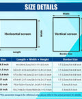 Size details for Premium 27 32 43 Inch Digital Kiosk Display with HD LCD, showing dimensions for horizontal and vertical screens.