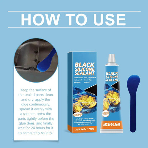 Portable Waterproof Engine Repair Sealant Kick Those Drips To The Curb With Rock Solid Bonding Built Tough For Grease Monkey Jobs High Performance Underhood Fix For Coolant And Oil Leaks Fast Setting Heavy Duty Adhesive Solution 2 Pack shown with scraper and how to use instructions.