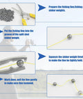 Instructions showing how to use Removable Split Shot Weights For Fishing 1.8G 60Pcs Round Lead Sinker Set on yellow fishing line.