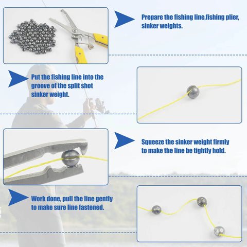 Instructions showing how to use Removable Split Shot Weights For Fishing 1.8G 60Pcs Round Lead Sinker Set on yellow fishing line.