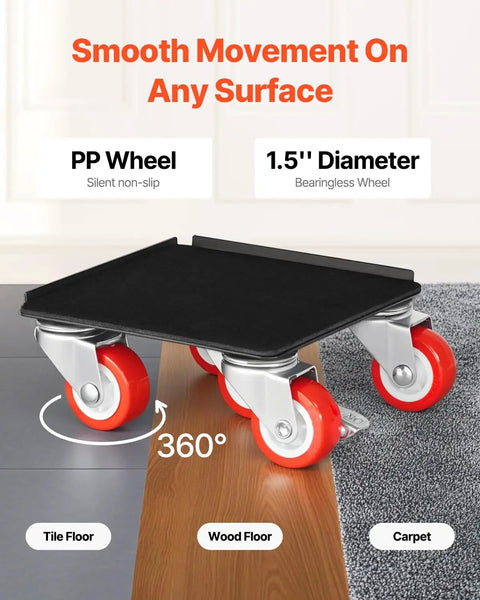 Heavy Duty Furniture Dolly With Five 360 Swivel Wheels, Carbon Steel Panel Lift Slider Set for Appliances, Sofas, Fridges, and Washing Machines shown on various surfaces.