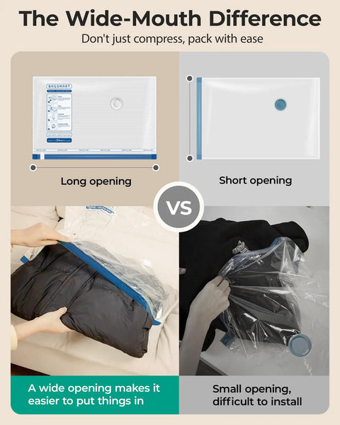 Comparison of wide-mouth vs short opening on Rechargeable Air Pump Vacuum Bags For Travel Pack Kit with clothes being packed.