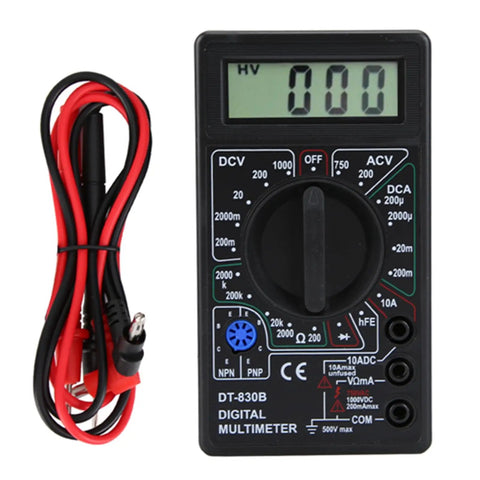 DT-830B Digital Multimeter With Large LCD Display showing 000 reading, with red and black probes attached on side.