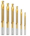 Six Piece Top Shelf Twist Drill Bit Set With Serrated Side Cutting Edges For Rapid No Hassle Chip Clearing, showing all sizes.
