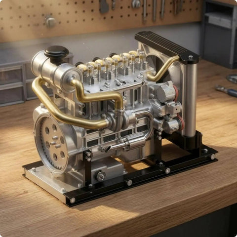 Engine Model Mechanical Assembly Kit For Classrooms And DIY Projects With Alloy Build And Visible Inner Components For Hands-On Teaching Desktop Display And Technical Reference. Alloy engine model on wooden desk with exposed cylinders and gears