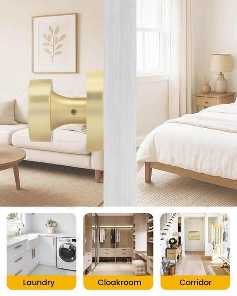 Gold Dummy Door Knobs Set Four Pack Heavy Duty Zinc Alloy With Brushed Gold Finish shown in bedroom, laundry, and corridor.