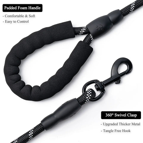 Close-up of 2 Pack Heavy Duty Dog Leashes with padded handle and reflective nylon rope, featuring 360° swivel clasp.