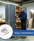 Man installing cabinet with Sturdy L Shaped Corner Brace Bracket With Screws For Wood Shelves And Cabinets, Concealed Fastener Keeps Surfaces Clean And Neat, Heavy Duty Furniture Connector For Built To Last, Sleek Home Organization visible on the side