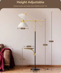 Adjustable height Lit Arched Floor Lamp Black Metal Standing Arc Lamp with white drum shade and foot switch